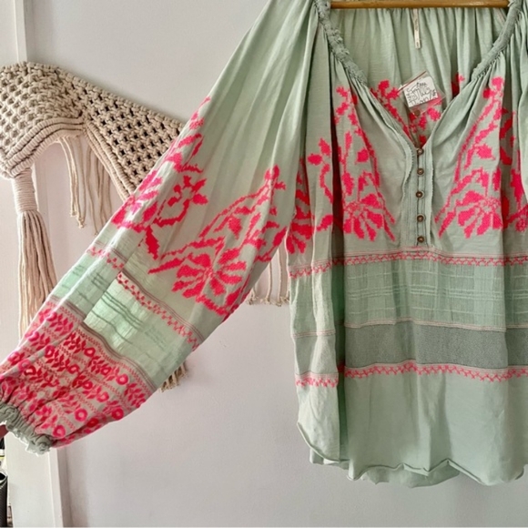 Free People Persuasion Mint Pink Embroidered Oversized Puff Sleeve Tunic… - Picture 9 of 11